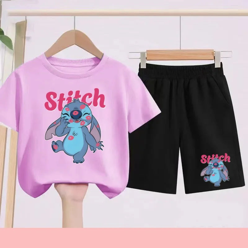 Disney Casual Children's Fashion Set T-shirt+ Shorts 2 Piece Stitch  Print  Boys Girls 3-12 Years Sports Coat Trend Party Sets