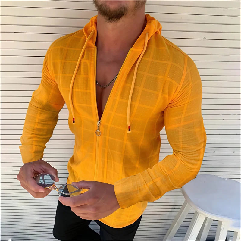 5 färger tillgängliga för herrskjorta med huva, dragkedja, rutig prickig långärmad, slim fit, andningsbara, moderna, avslappnade herrtoppar