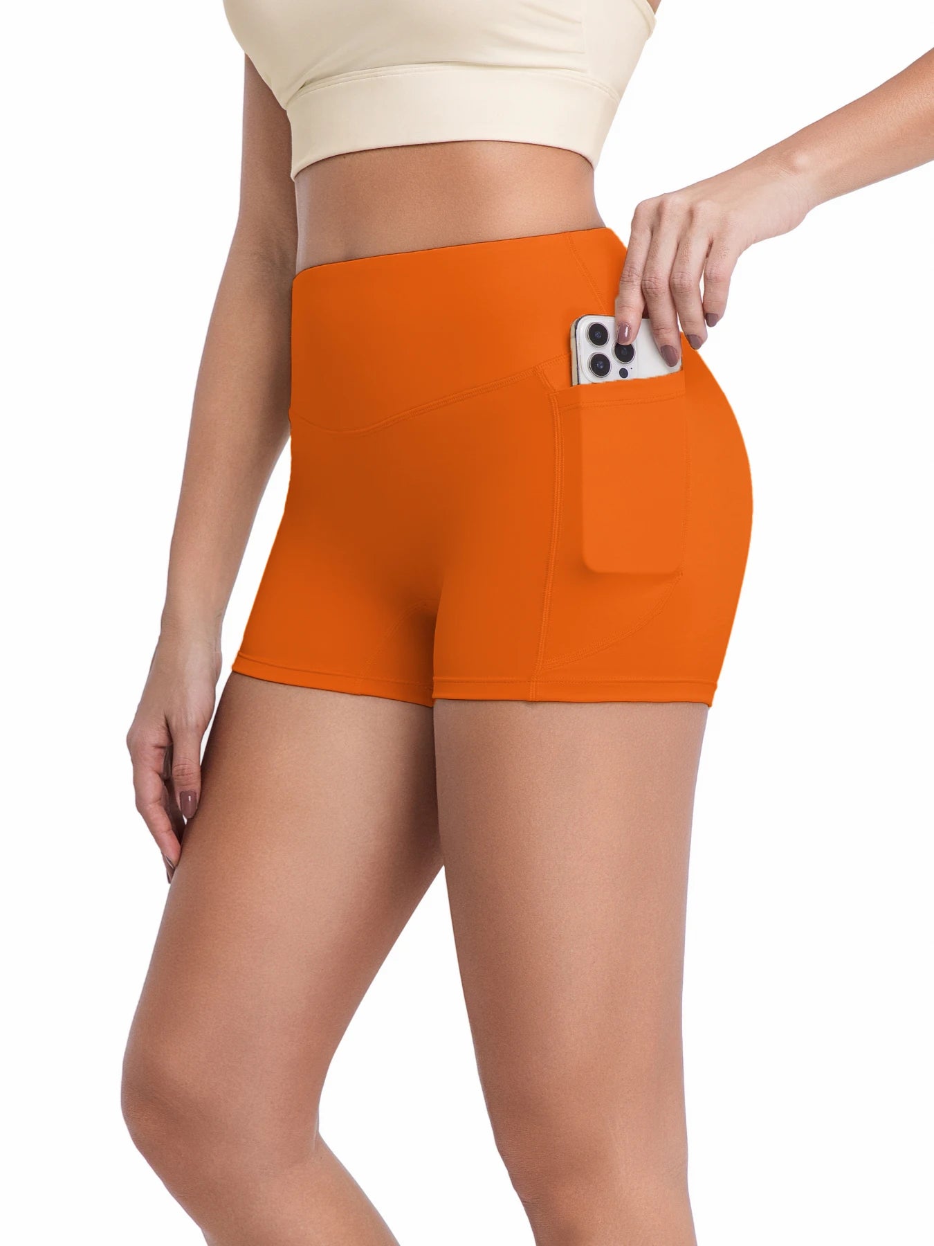 Yogashorts med hög midja och fickor för kvinnor, 7,5 cm mjuka biker-shorts med naken känsla, magkontroll och rumplyftande träning