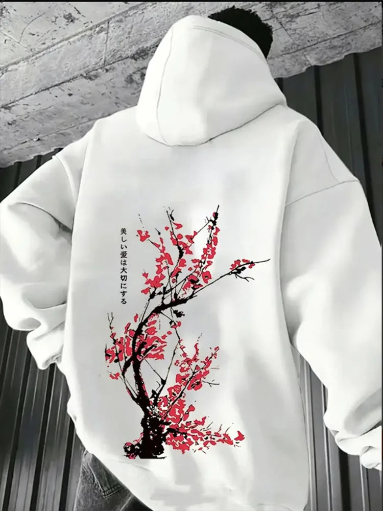 Japan Harajuku Plommonblomma Herr Hoodie Sport Casual Mode POP Y2K Fleece Höst Vinter Långärmad Tröja Topp Kläder