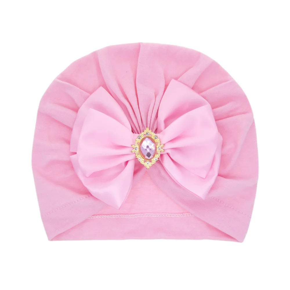 Enfärgad Baby Turban Rosett Bling Strass Spädbarnsmössor Flicka Mössa Mode Handgjord Band Rosett Indisk Mössa Mjuk Huva 0-2År