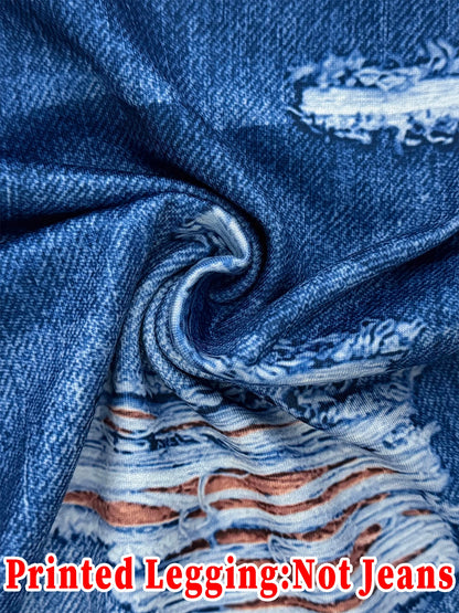 Modetryckta faux denim skinny byxor, hög midja elastisk höftlyftande magkontroll ytterkläder långa leggings