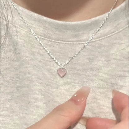 Nytt sött charm 925 sterlingsilver rosa hjärta kristallhänge halsband för kvinnor flickor nyckelbenskedja smycken accessoarer gåva