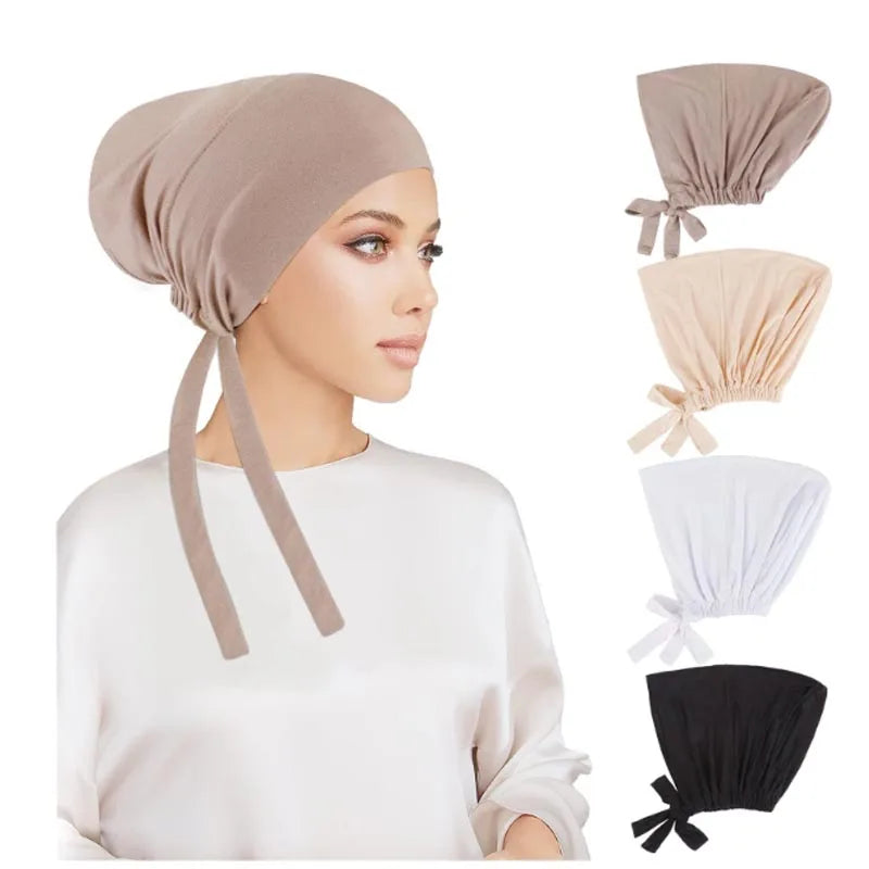 Muslimska Kvinnor Inner Hijab Mössor Stretch Justerbar Elastisk Bonnet Knytband Jersey Kvinnlig Huvudbonad Turbante Mujer