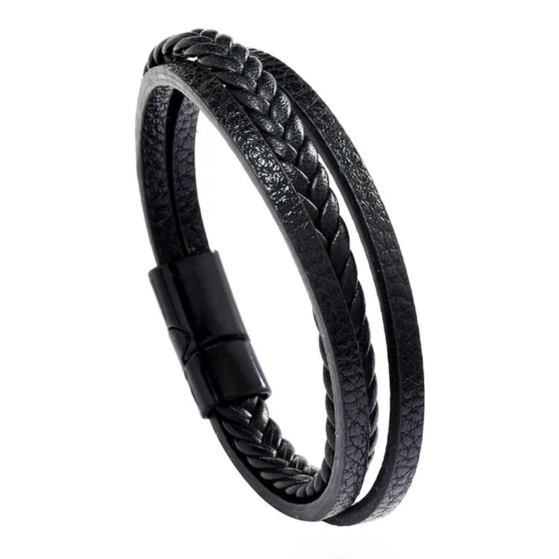 Flerskiktade flätade reparmband för män, klassiskt handgjort PU-läderarmband med magnetiskt spänne, trendiga punksmycken