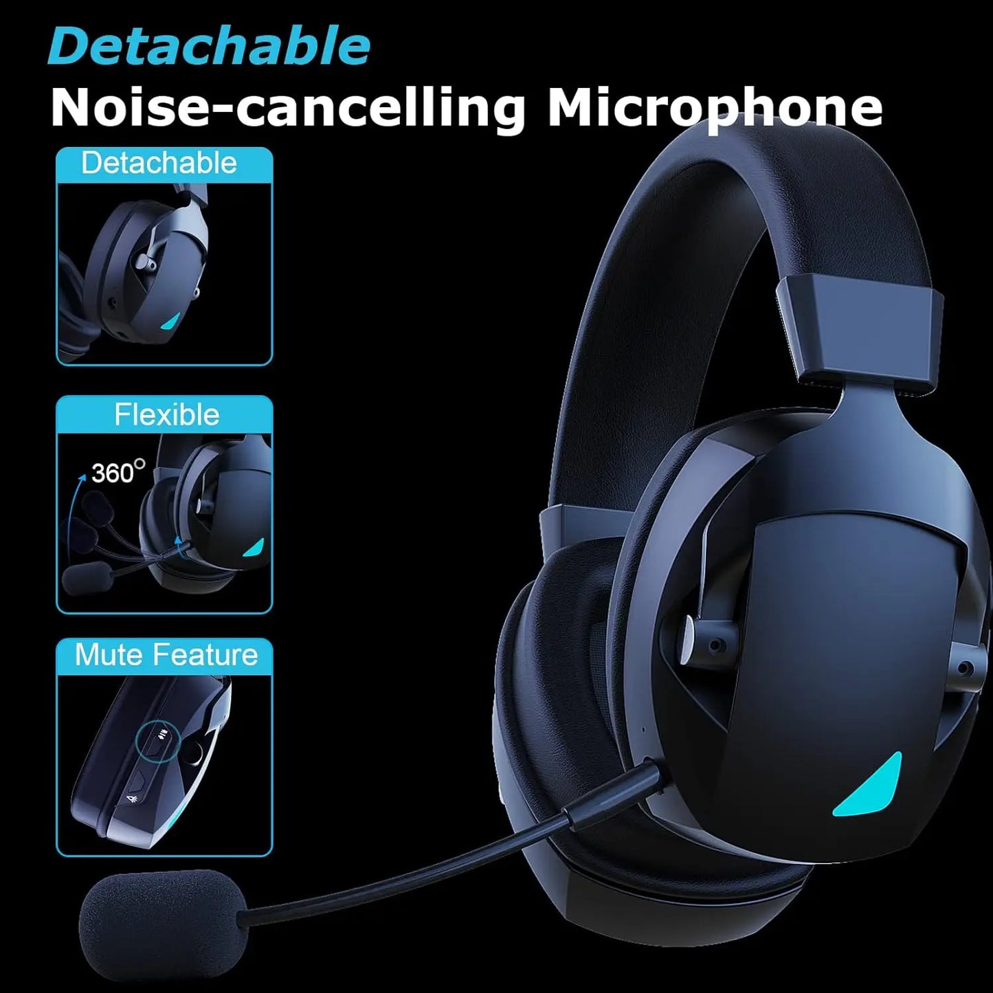 Gamingheadset med avtagbar brusreducerande mikrofon, 2.4G Bluetooth-USB-3.5mm trådansluten kontakt 3 lägen för flera enheter