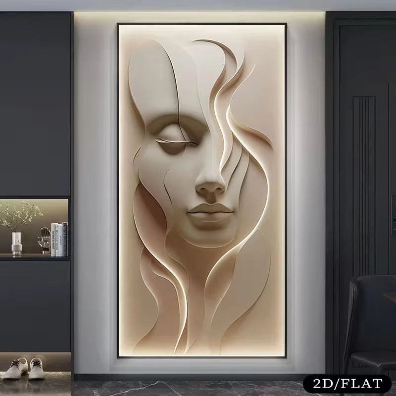 2D platt, 1 st stor ramlös modern abstrakt ansiktsmålning på canvas - texturerad 3D-illusion i mjuk rosa ton, lämplig för sovrum och