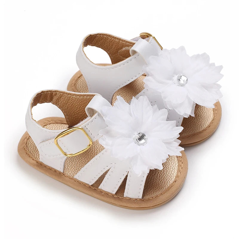 Babysko för lärande, sommarsandaler med blommig strass, mjuka och eleganta skor för spädbarnsflickor 0-18M