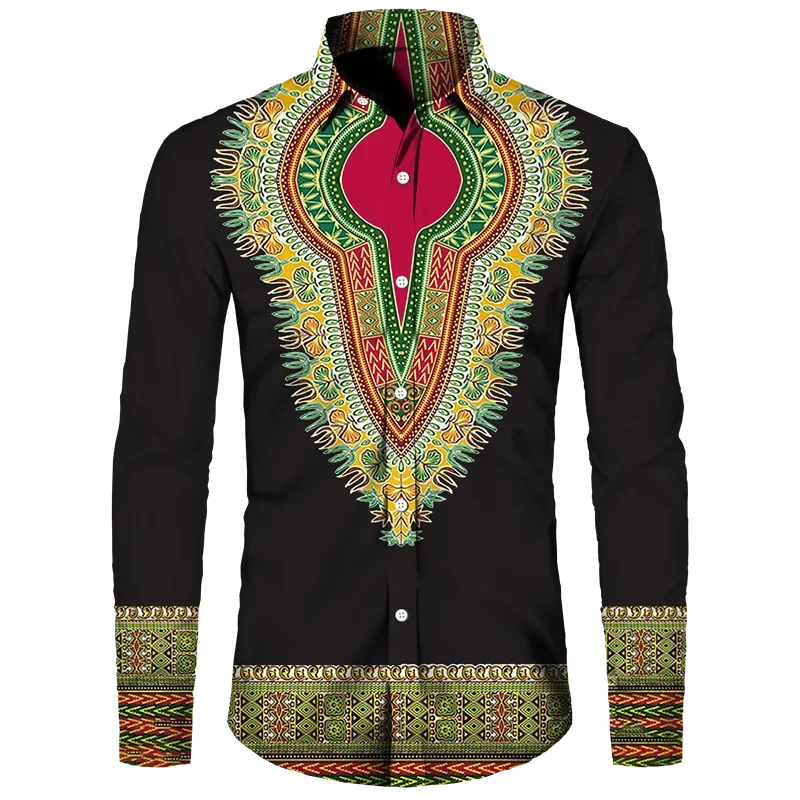 Afrikanskt Dashiki-tryck Herrskjortor med nedfällbar krage och knappar Långärmade Toppar Kläder Etnisk Stil Streetwear Kläder Skjorta