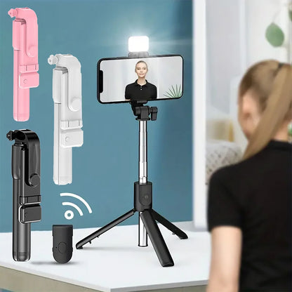 Bärbar Bluetooth Selfie Stick Tripodhållare med fjärrkontroll, fyllnadsljus, utdragbar trådlös fjärrkontroll, infällbar telefonstativ