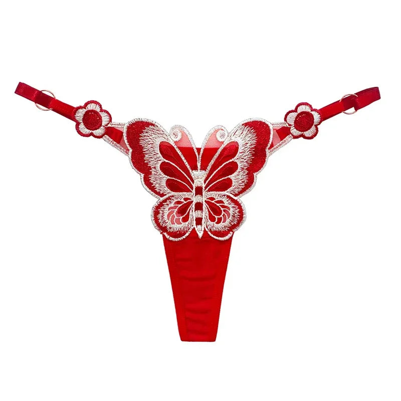 Fjärilsspetsstringtrosor för kvinnor Låg midja G-stringtrosor Transparenta meshtrosor Sexiga broderade trosor Justerbar midja Culotte Femm