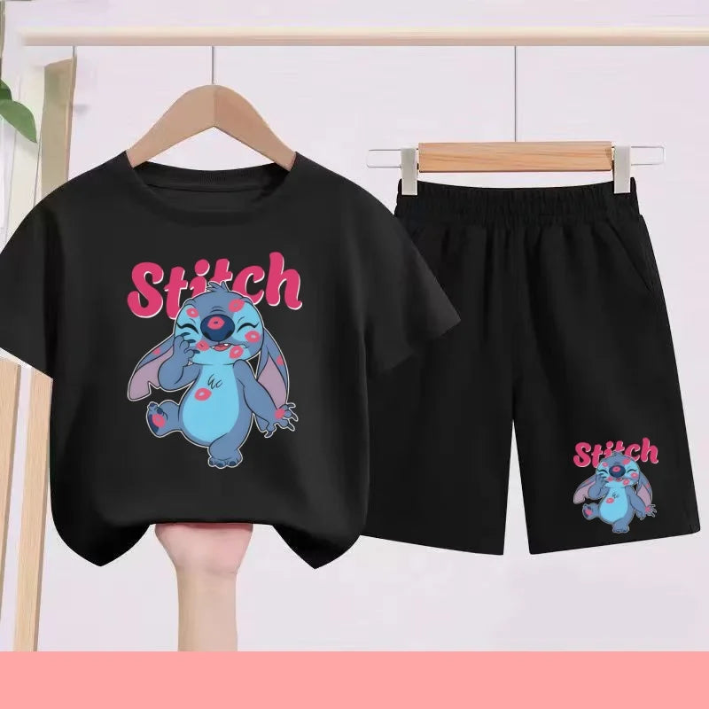 Disney Casual Children's Fashion Set T-shirt+ Shorts 2 Piece Stitch  Print  Boys Girls 3-12 Years Sports Coat Trend Party Sets
