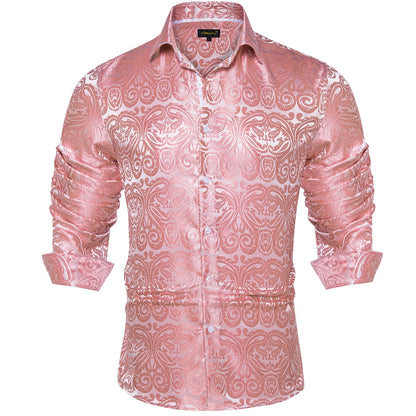 2026 Lyxig Herrskjorta Formell Bal Smoking Långärmad Siden Polyester Gyllene Färg Paisley Svarta Skjortor Blus Herrkläder