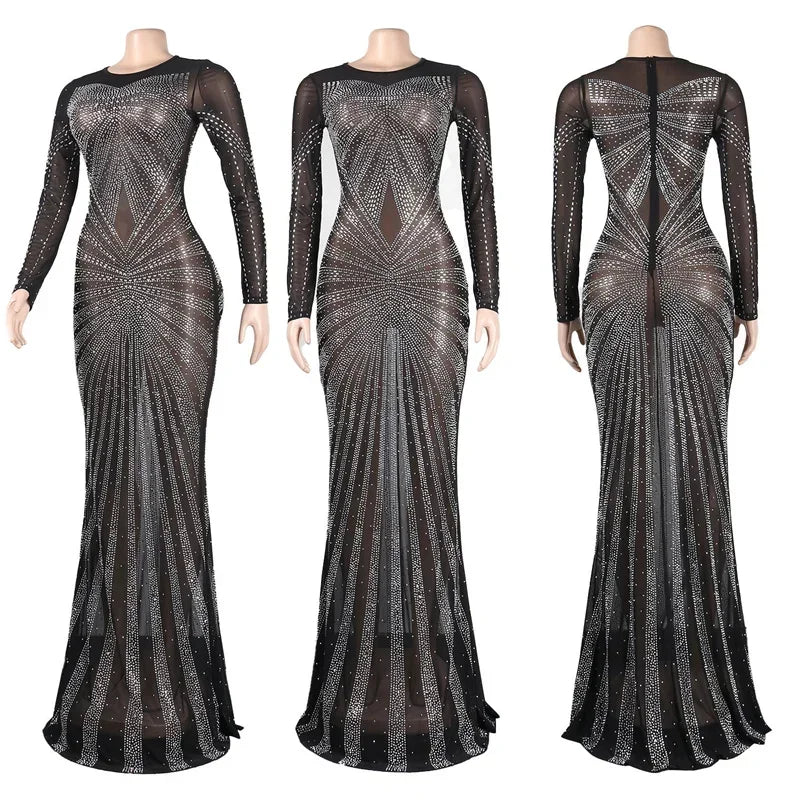 Lyxig glittrande kristall strass sjöjungfru aftonklänning för kvinnor festklänning nattklubb mesh transparent bodycon maxiklänning elegant
