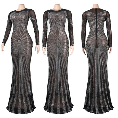 Lyxig glittrande kristall strass sjöjungfru aftonklänning för kvinnor festklänning nattklubb mesh transparent bodycon maxiklänning elegant