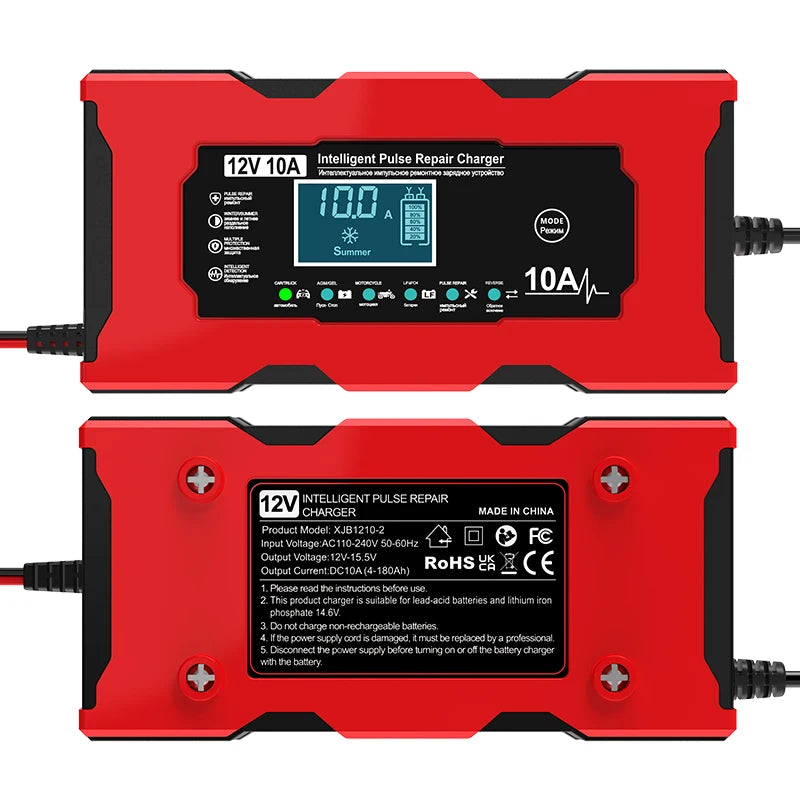 Bil- och husbilsstartare Batteriladdare 12V 10A Smart laddningsladdare med krokodilklämma LCD-skärm för Lifepo4 blysyra AGM GEL