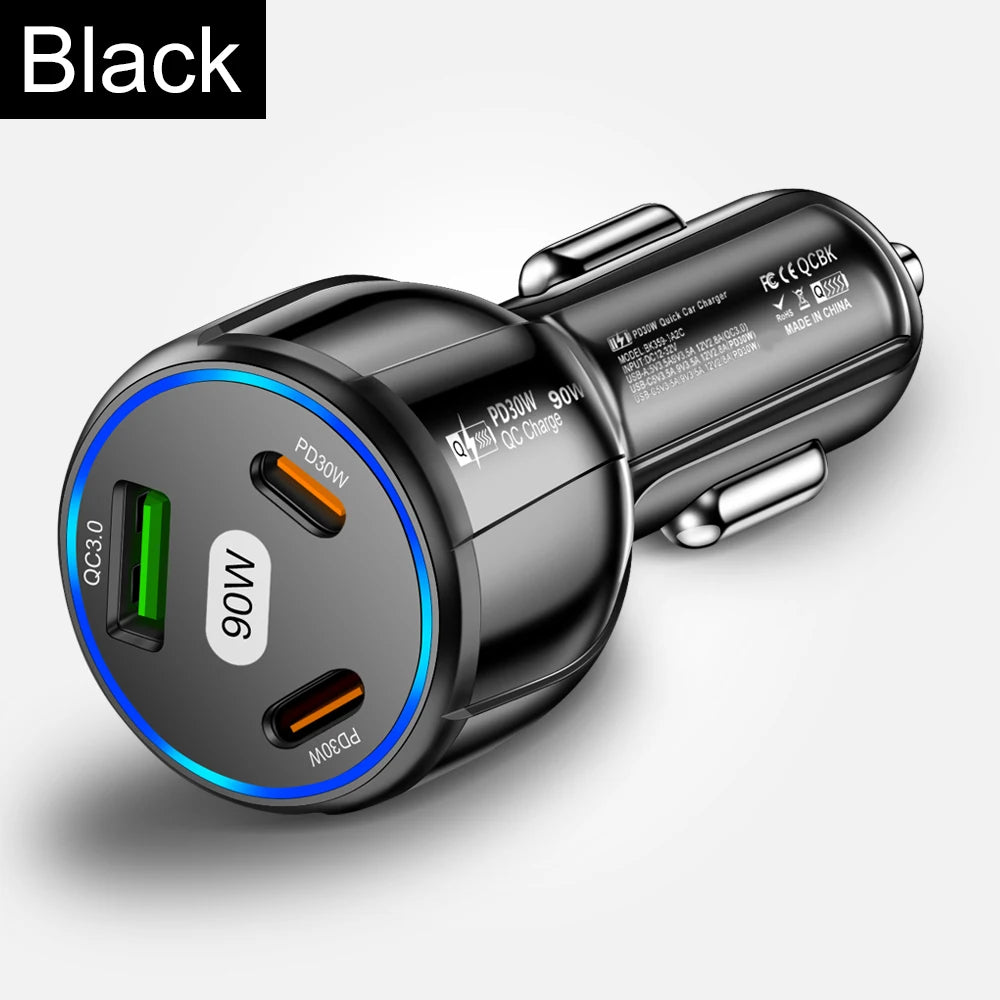 90W USB-billaddare 3-4 portar PD typ C snabbladdningsadapter för iPhone 14 13 Xiaomi Samsung snabbladdare i bilen