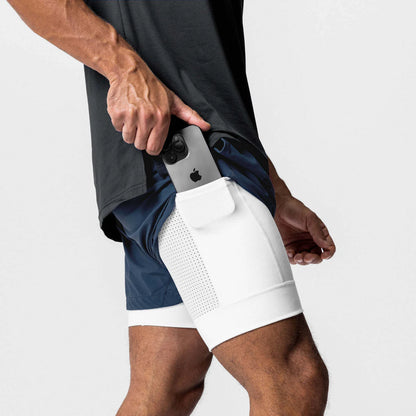 Herr Sommar 2-i-1 Dubbelskiktade Shorts Gym Fitness Träning Långsam Löpning Andningsbara Elastiska Kompressionsshorts Herr Dubbelskiktade Shorts
