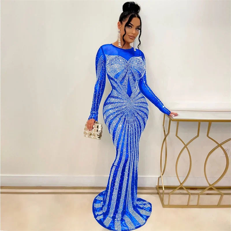 Lyxig glittrande kristall strass sjöjungfru aftonklänning för kvinnor festklänning nattklubb mesh transparent bodycon maxiklänning elegant
