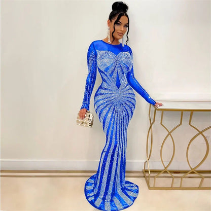 Lyxig glittrande kristall strass sjöjungfru aftonklänning för kvinnor festklänning nattklubb mesh transparent bodycon maxiklänning elegant