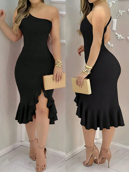 Dam Vår/Höst Enfärgad Elegant och Sexig Semester Off-Shoulder Kallaxlad Rygglös Volang Asymmetrisk Fåll Låg Slits