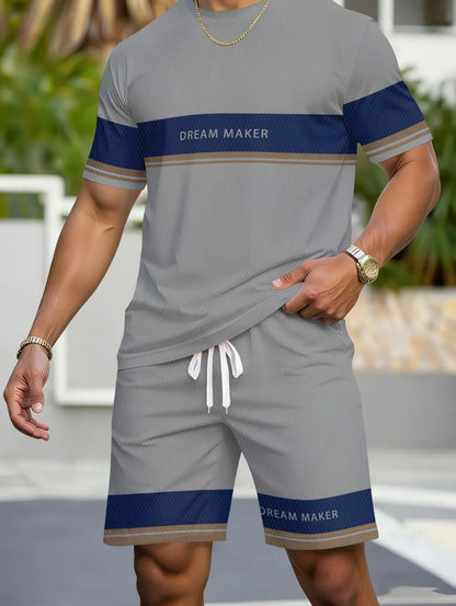 Avslappnad randig mönstrad t-shirt shorts set stor storlek lös herr kortärmad t-shirt med elastisk midja shorts 2-delat set sportkläder