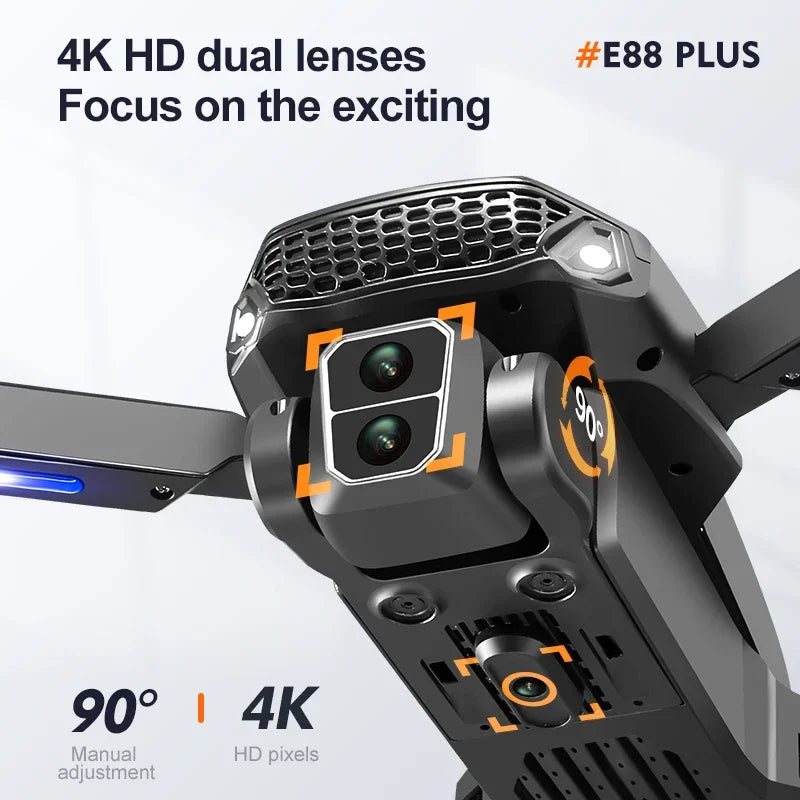 Ny E88 Plus Quadcopter-drönare: 90° elektriskt justerbar kamera, borstlös motor, optisk flödespositioneringsleksak