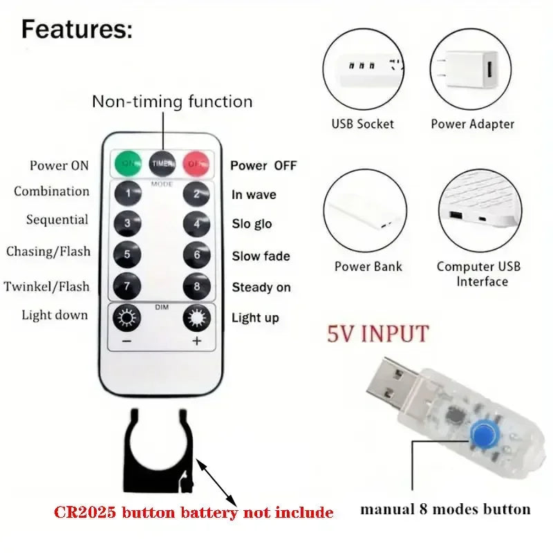 Jul LED-gardinljusslinga USB-driven 8 lägen Jul Nyårsfestljus Hem Bröllop Födelsedag Rumsdekor Estetisk