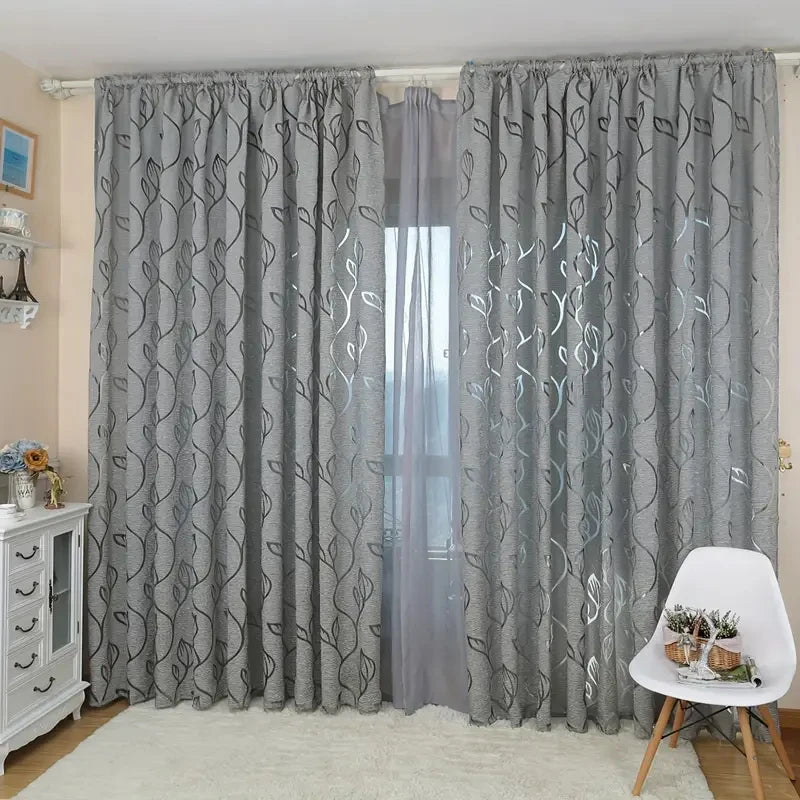 Enkel grå broderi ihålig löv transparent gardinstång fickgardin vardagsrum kontor heminredning trädgård bröllopsfest