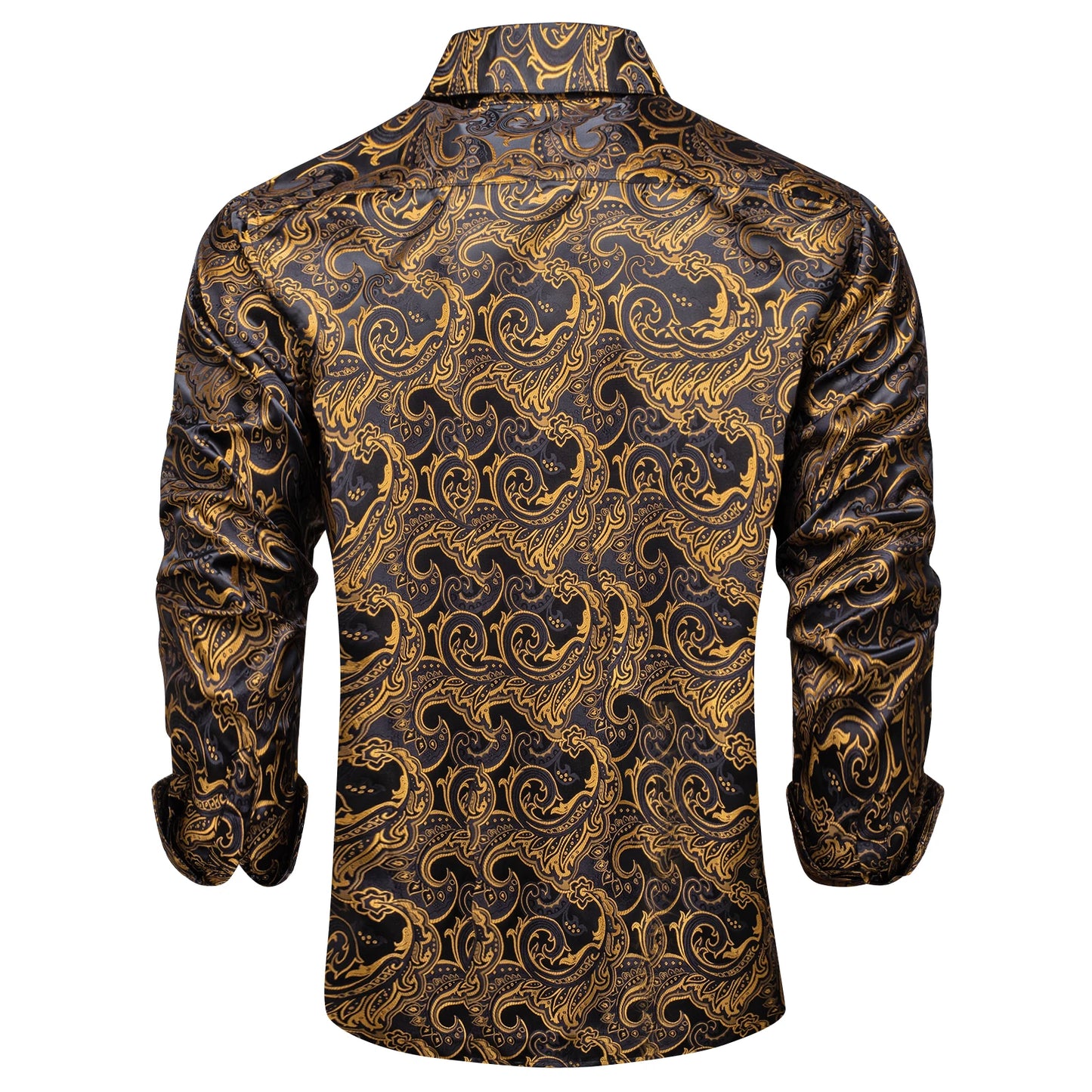 2026 Lyxig Herrskjorta Formell Bal Smoking Långärmad Siden Polyester Gyllene Färg Paisley Svarta Skjortor Blus Herrkläder