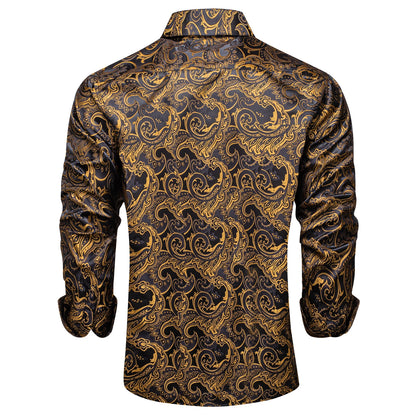 2026 Lyxig Herrskjorta Formell Bal Smoking Långärmad Siden Polyester Gyllene Färg Paisley Svarta Skjortor Blus Herrkläder