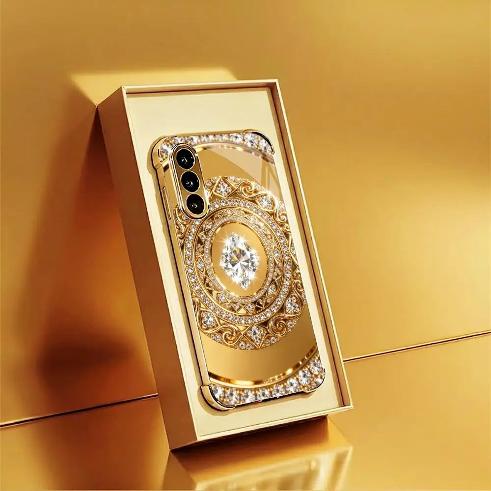 Elegant guldspegelfodral med diamantmönster för Samsung Galaxy S26, S25, S24, S23, S22 FE, Ultra och Plus
