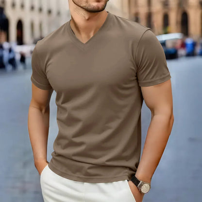 2025 Ny Herr Casual Mode Enkel V-ringad Kortärmad T-shirt Sommar Bekväm Andningsbar Mångsidig Topp
