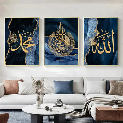 3-delat set med islamisk kalligrafiposters för Eid al-Fitr, blå marmorbakgrund med guldfärgat teckensnitt, ramlös canvas, hemmakontorsinredning