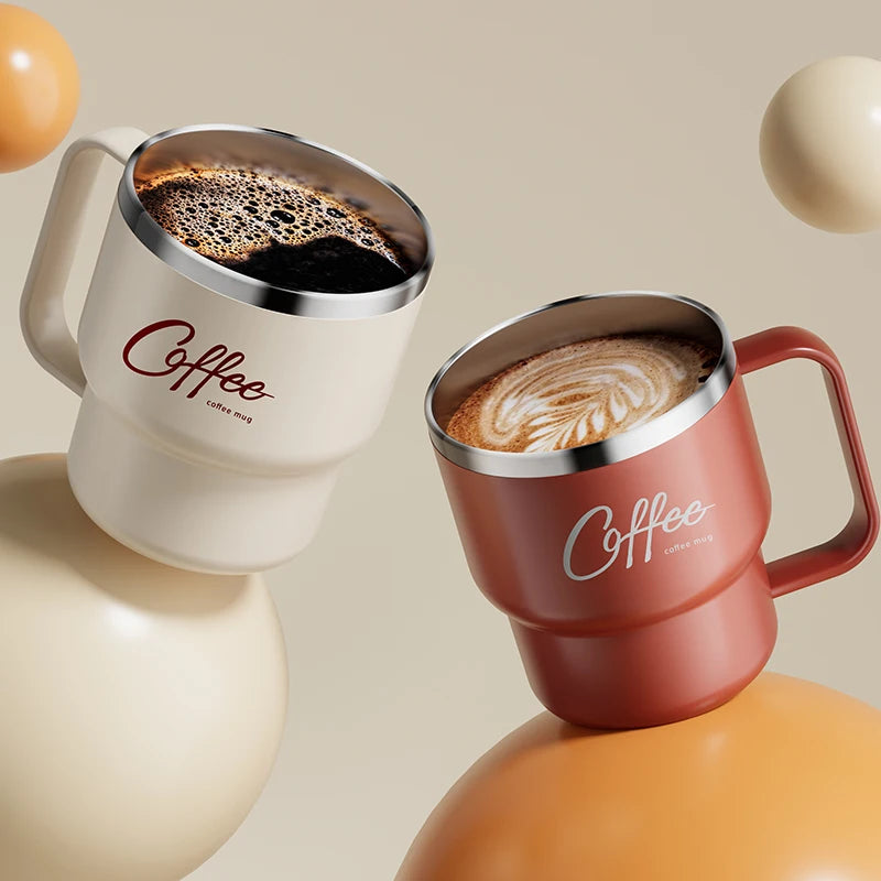 WORTHBUY 304 rostfritt stål dubbelväggig isolerad kaffekopp med handtag bärbar student läckagesäker vattenkopp mjölkkaffemugg