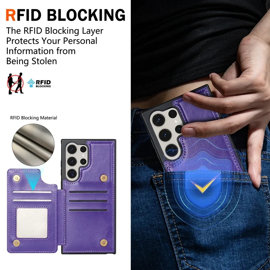 Plånbok RFID-blockerande lager skyddande stöldskyddande magnetiskt läderfodral för Samsung Galaxy S25 Ultra S24 Plus S23 S22 S21 S20 FE