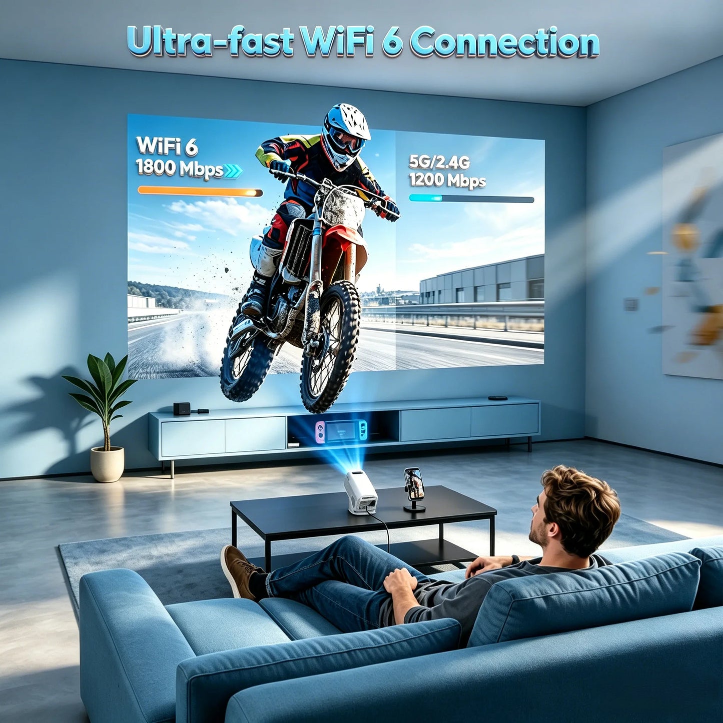 XGODY 4K 1080p LED-projektor med 12000 lumen ljusstyrka, WiFi 6 Bluetooth 5.0 bärbart hemmabiosystem för underhållning