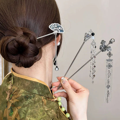 2025 Nya Kinesiska Stil Fjärilsfläkt Tofshårspinne För Kvinnor Vintage Metall Hanfu Ätpinnar Hårpinnar Håraccessoarer