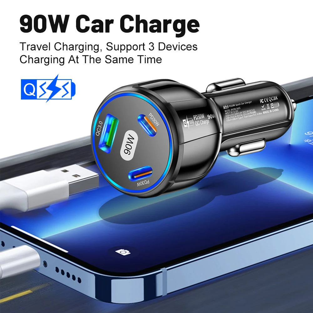 90W USB-billaddare 3-4 portar PD typ C snabbladdningsadapter för iPhone 14 13 Xiaomi Samsung snabbladdare i bilen