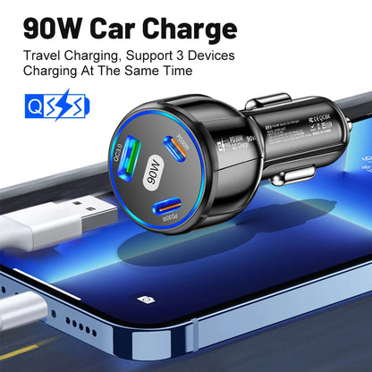 90W USB-billaddare 3-4 portar PD typ C snabbladdningsadapter för iPhone 14 13 Xiaomi Samsung snabbladdare i bilen