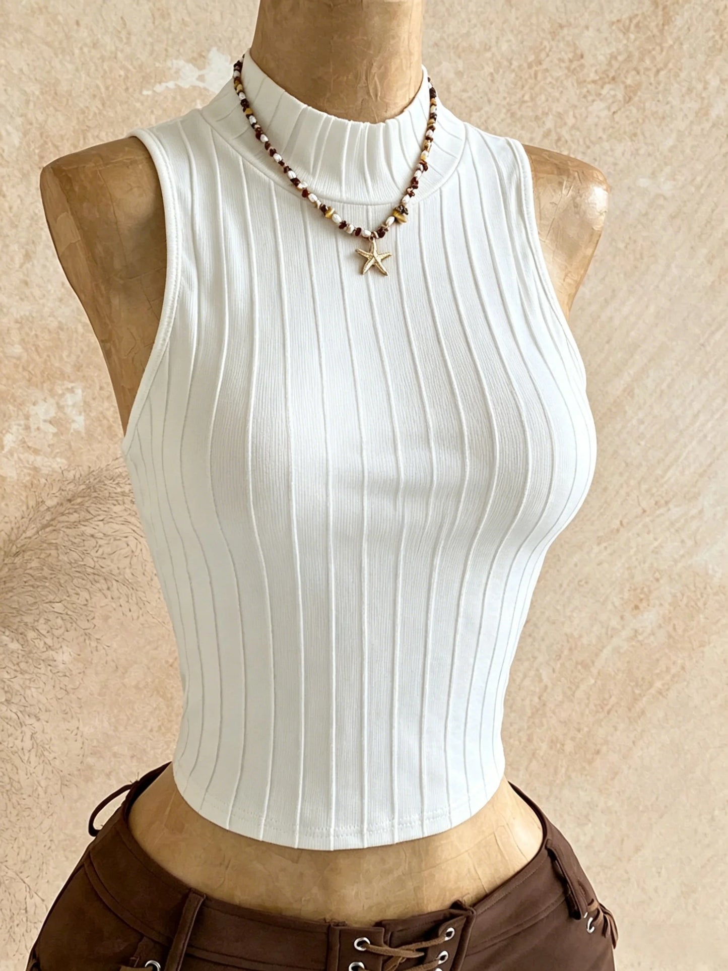 Women Caramel Brown Ribbed Knit Mock Neck Sleeveless Crop Top Casual Slim Fit Form Fitting Tank Top For Daily Wear Streetwear &