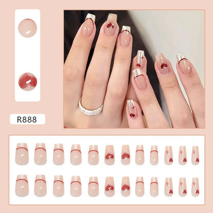 Mörkröd Charm 24 st press-on naglar rosa gradient lösnaglar glansiga konstgjorda fingermanikyr återanvändbara lösnaglar för kvinnor