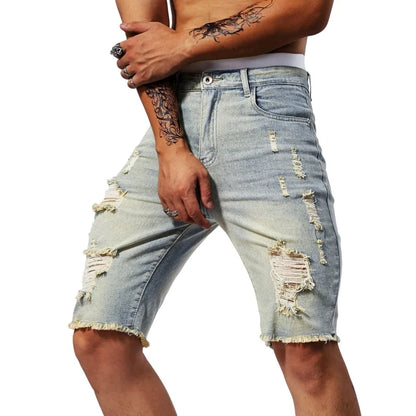 Sommar Slitna Jeans Herr Stretch Denim Shorts Herr Korta Jeans Slim Raka Shorts Mode Svarta Jeans Herrkläder Streetwear