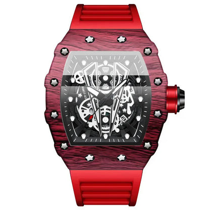 BINBOND Märke Herrklocka Domineering Barrel Watch Böjd Spegel Ihålig Yta Sport Herrklocka Silikon Quartz Armbandsur B8577