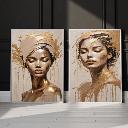 Guldfolie Mode Kvinna Porträtt Poster Tryck För Vardagsrumsinredning Asbtract Figur Blommig Kvinna Canvastavla Modern Väggkonst