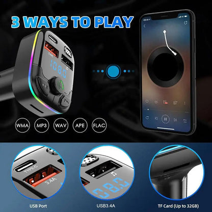 Bluetooth 5.0 Bil FM-sändare PD Typ-C Dubbel USB Ambient-spelare Handsfree MP3-laddare Typ-C Trådlös lampa PD QC3.0 Adapter
