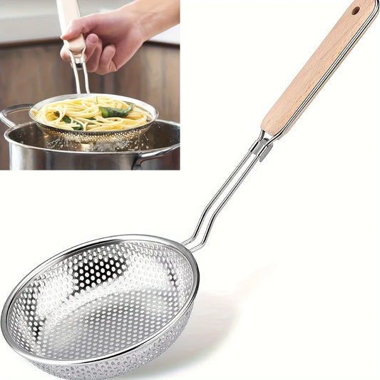 Durkslag i rostfritt stål med trähandtag - Finmaskig skumsked för matlagning, matlagning, fettfiltrering för pastanudlar