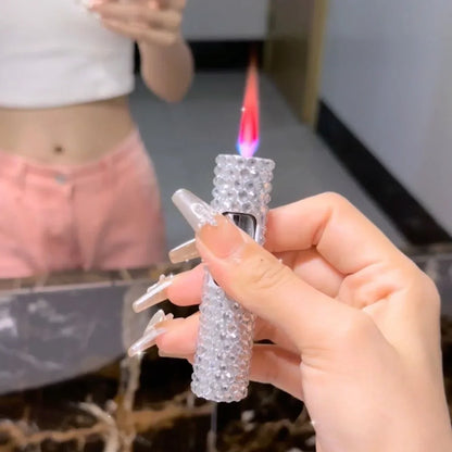 Lyxig mini uppblåsbar tändare med strass, vindtät metall, rosa låga, bärbar tändare för män och kvinnor, små verktyg