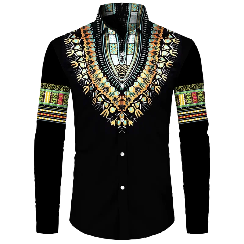 Afrikanskt Dashiki-tryck Herrskjortor med nedfällbar krage och knappar Långärmade Toppar Kläder Etnisk Stil Streetwear Kläder Skjorta
