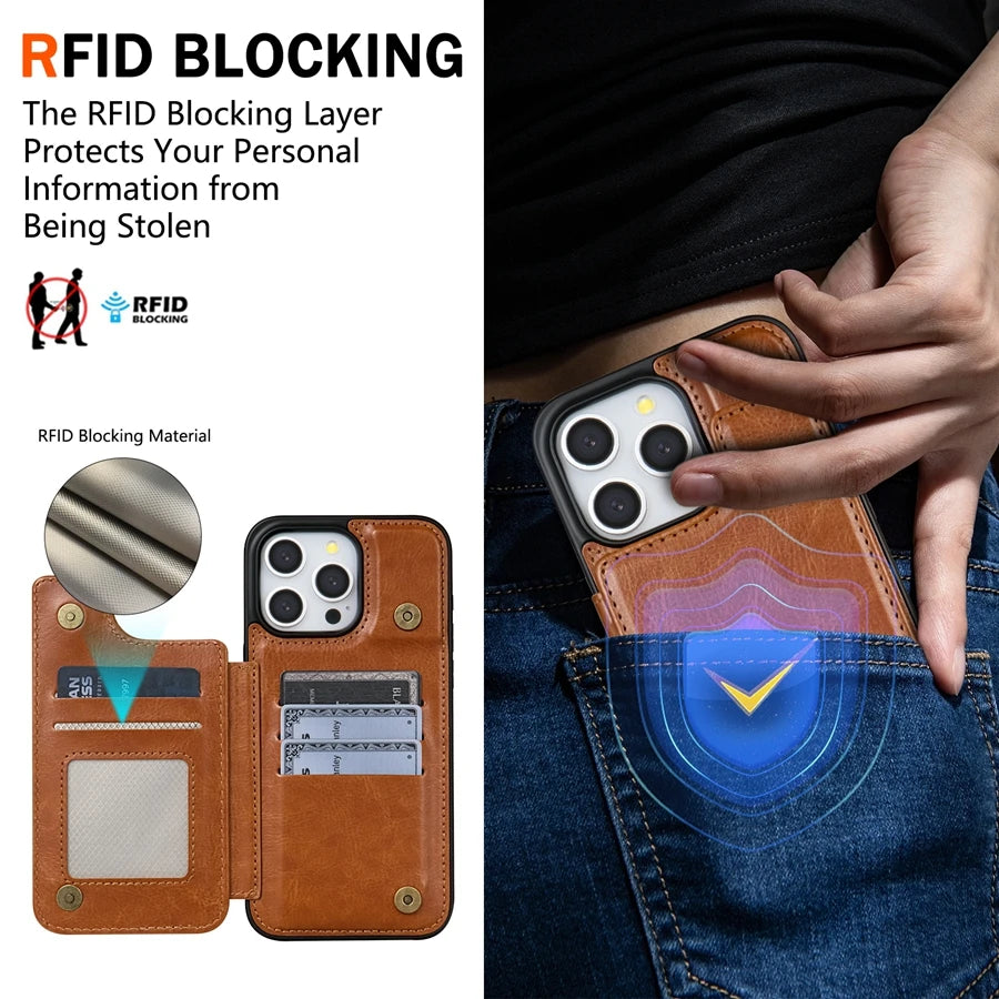 Plånbok med RFID-blockerande lager, skyddande stöldskyddande magnetiskt läderfodral för iPhone Air 17 Pro Max 16e 15 Plus 14 13 12 11 korthållare